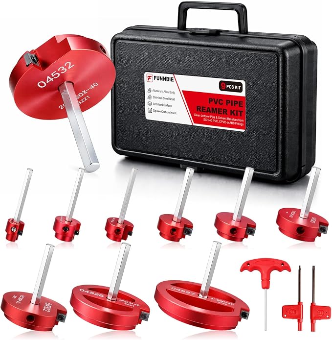 9Pcs PVC Pipe Reamer Kit, Durable Aluminum PVC Fitting Saver | Sch.40 CPVC ABS Lightweight Socket Saver Plumbing Tool Includes 1/2", 3/4", 1", 1-1/4", 1-1/2", 2", 2-1/2", 3", 4",1/2" Drill