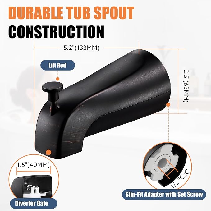 Tub Spout with Pull-Down Diverter, Leak Proof Slip Fit for 1/2" Copper Pipe | Smooth Diverter Switches Tub To Shower, Durable Metal, Repairs Leaks, Quick Filling, Easy DIY Bathroom Upgrade (ORB)