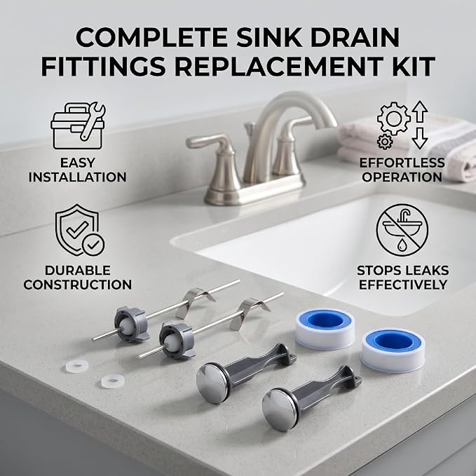 Pop Up Stoppers, Pivot Rods, and Plumber Tape Bathroom Drain Kit for, 2 Stoppers and 2 Rods Pop Up Drain Repair Kit for Bathroom Sink