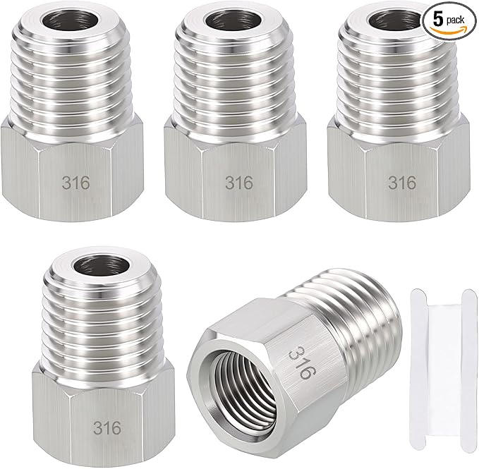 5 Pack SUS316 1/4" Male NPT to 1/8" FeMale NPT Hex Bushing Reducer | 316 Stainless Steel Pipe Fittings, Hose Tube Threaded Adapters with Sealing Tape for Air, Oil, LP, Gas, Fuel, Water