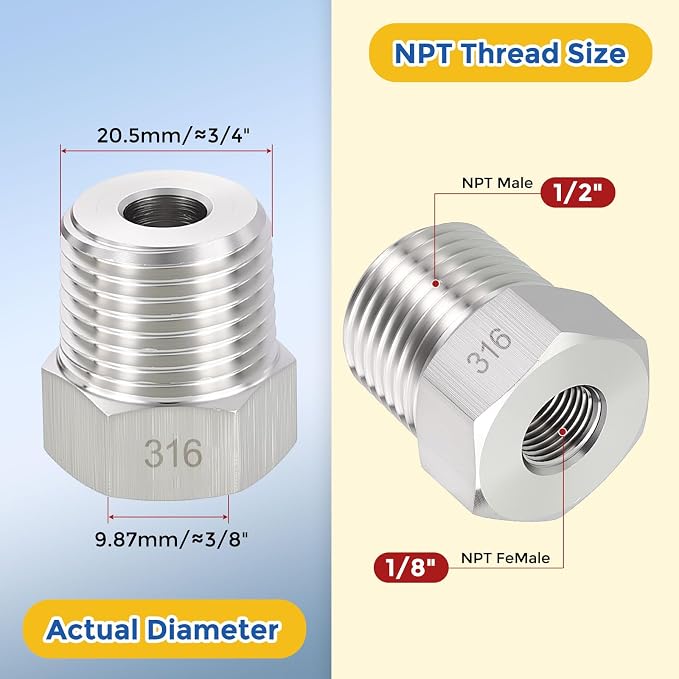 5 Pack SUS316 1/2" Male NPT to 1/8" FeMale NPT Hex Bushing Reducer | 316 Stainless Steel Pipe Fittings, Hose Tube Threaded Adapters with Sealing Tape for Air, Oil, LP, Gas, Fuel, Water