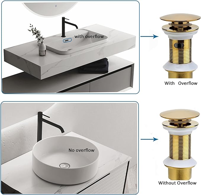 Rockgoya Bathroom Sink Drain, Gold Drain Stopper Bathroom Sink Without Overflow,Pop Up Drain Assembly with Detachable Strainer Basket,Built-in Anti-Clogging Strainer,Stainless Steel