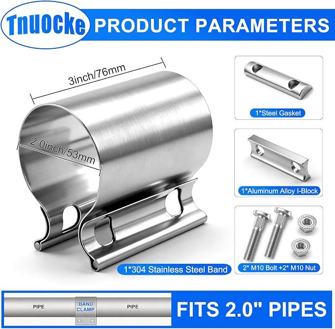 2.0 Inch Exhaust Clamp,Butt Joint Band Clamp Sleeve Coupler | 304 Stainless Steel Exhaust Band Clamp With 360° Seal Pipes 10.9 High Strength Bolt for Pipes,Mufflers,Catalytic Converters