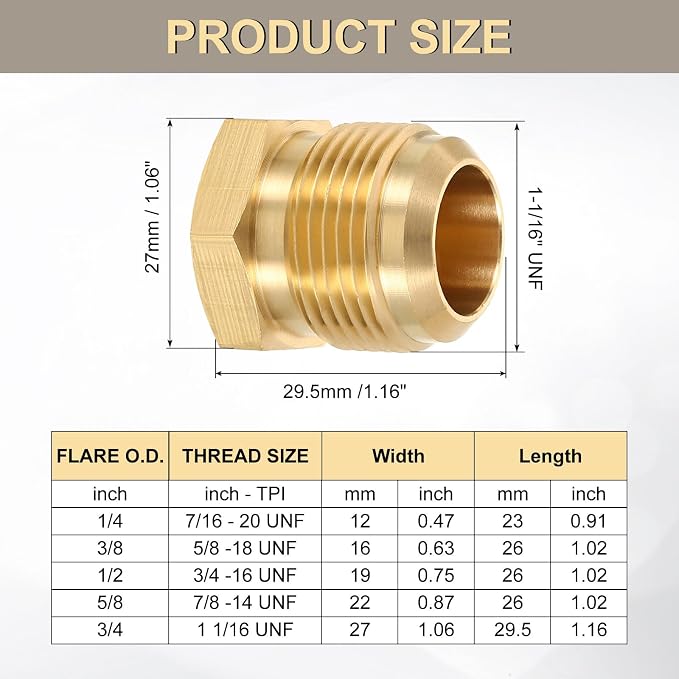 uxcell 2Pcs Brass Seal Plug, 1-1/16" UNF Male Thread Hex Pipe Fitting, Flare Tube Fittings with Tape for Air Conditioner Pipe Extension Water Gas Line
