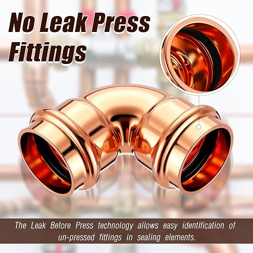 Therwen 5 Pcs 1 Inch Copper Pipe Press Fittings, 90 Degree Elbow Coupling Zero Lead, Elbow Press Adapter Fittings Coupling for Plumbing