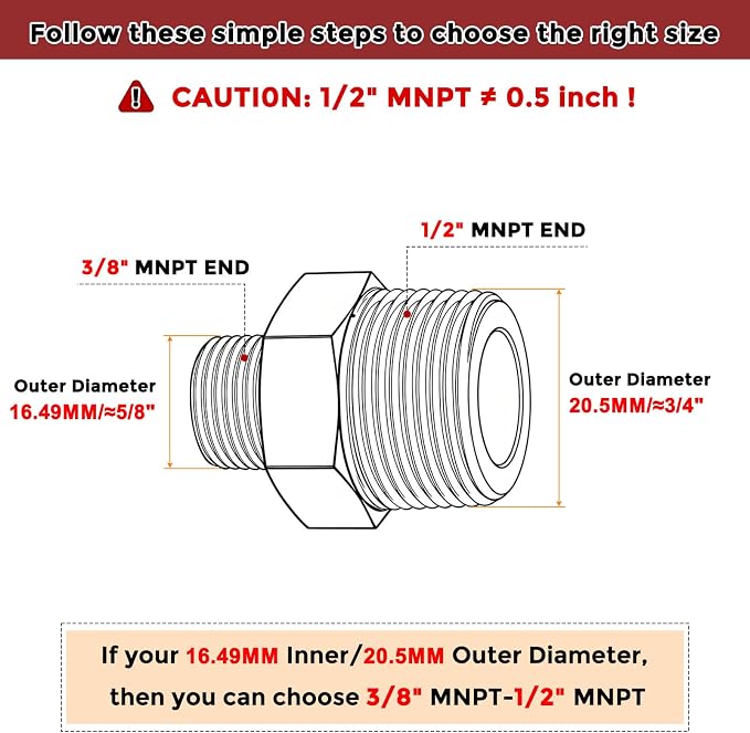 Pack of 2, 1/2" Male NPT to 3/8" Male NPT SUS304 Hex Nipple | Solid Male Pipe Adapter Hose Connectors for Pipe Repair, Bathroom Remodel, Tool Extensions, Compression, Irrigation