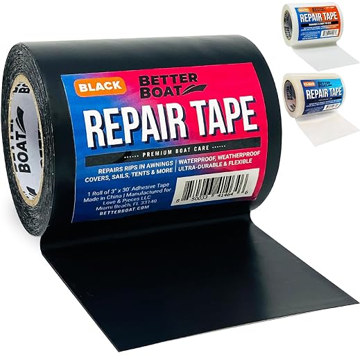 Repair Tape for Fabric and Vinyl 30ft x 3in, Black Waterproof Patch Tape | RV Awning Canvas Tent Tarp Sail Canopy Boat Cover, Heavy Duty, Better Boat