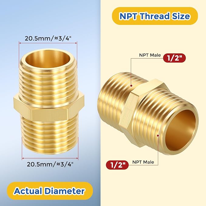 5 Pack Brass Pipe Fittings, 1/2" Male NPT to 1/2" Male NPT | Brass Hex Nipple, Male Pipe Adapter Reducer for Air, Oil, LP