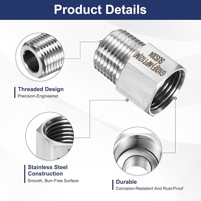 M METERXITY 2-Pack Garden Hose Adapter, Stainless Steel 1/2" g Female x 1/2" NPT Male Threaded Connector with Sealing Tape Garden Hose Convert Fitting for Pipe Fitting/Shower [Silver]