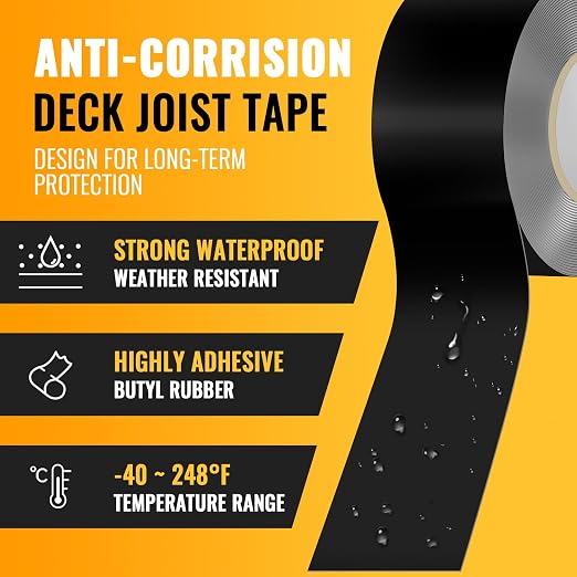 VIVIDA 2 in × 50 Ft Joist Tape for Decking 6 Roll, Deck Joist Butyl Tape | Waterproof Black Deck Joist Butyl Seal Tape, For Wood Beams, Roof, Accessories Included