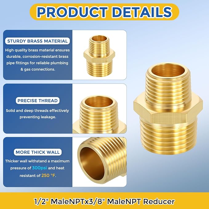 10 Pack Brass Pipe Fittings, 1/2" Male NPT to 3/8" Male NPT | Brass Hex Nipple W/ Sealing Tape, Male Pipe Adapter Reducer for Air, Oil, LP