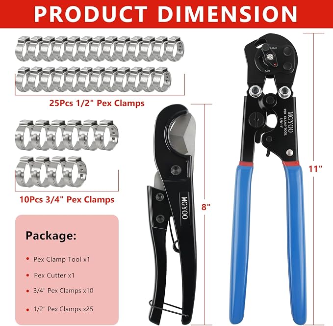 Pex Crimping Tool Kit Cinch and Remove Dual-Function Pex Crimp Tool 3/8" to 1" Pex Crimper with Pex Cutter and 35pcs 1/2" 3/4" Stainless Steel Pex Clamps