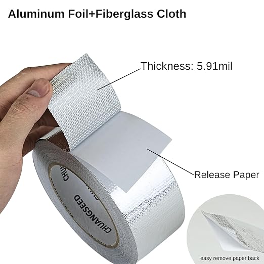 CHUANGSEED Adhesive Aluminum Foil Fiberglass Heat Shield Tape 2in x 90ft, Reflective Material Cool Tape Self-Adhesive for HVAC, Pipe, Auto,High Temp Protection