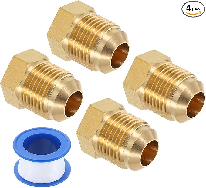 uxcell 4Pcs Brass Seal Plug, 3/4"-16 UNF Male Thread Hex Pipe Fitting, Flare Tube Fittings with Tape for Air Conditioner Pipe Extension Water Gas Line