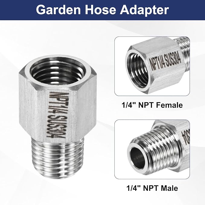 M METERXITY 2-Pack Garden Hose Adapter, Stainless Steel 1/4" NPT Female x 1/4" NPT Male Threaded Connector with Sealing Tape Garden Hose Convert Fitting for Pipe Fitting/Shower