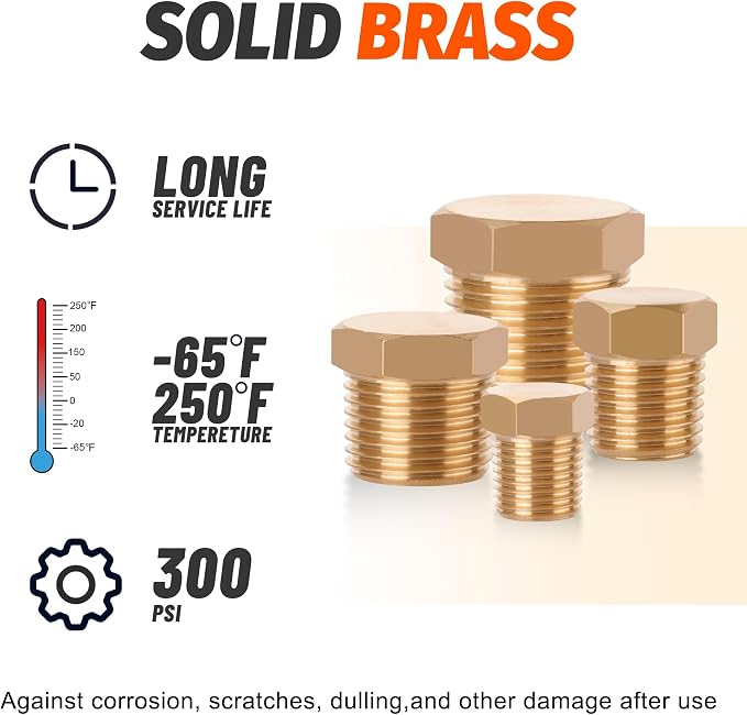 24PCS Brass Pipe Fittings Hex Head Plugs,1/8" 1/4" 3/8" 1/2" NPT | Outer Hex Head Plug Male Threaded Plugs Fitting Assortment Kit