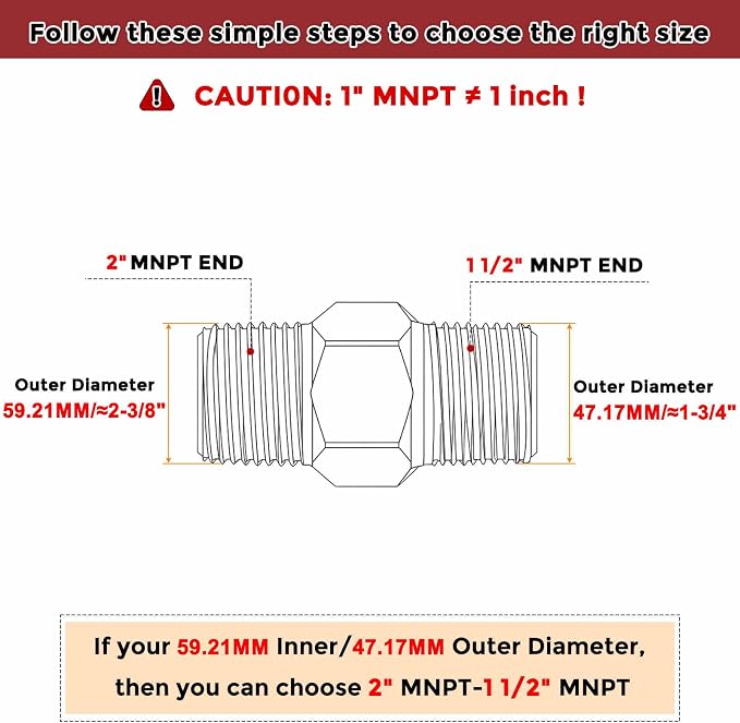 2" Male NPT to 1 1/2" Male NPT SUS304 Hex Nipple | Solid Male Pipe Adapter Hose Connectors for Pipe Repair, Bathroom Remodel, Tool Extensions, Compression, Irrigation