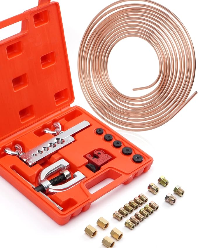 25 ft 1/4" Copper Coated Brake Line Kit (Includes 16 Fittings and 4 Unions Brake Line Fittings) + Brake Line Double & Single Flaring Tool Kit | Includes 16 Fittings, 4 Unions, Double & Single Flaring Tool For Automotive Brake Line System Transmission H...