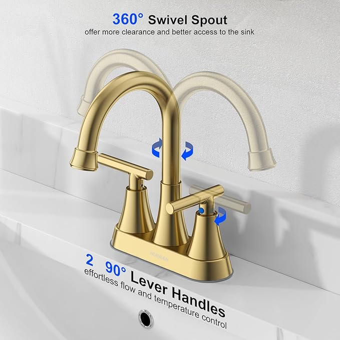 Brushed Gold Bathroom Faucet, Hurran 4 inch Centerset 2-Handle Lead-Free