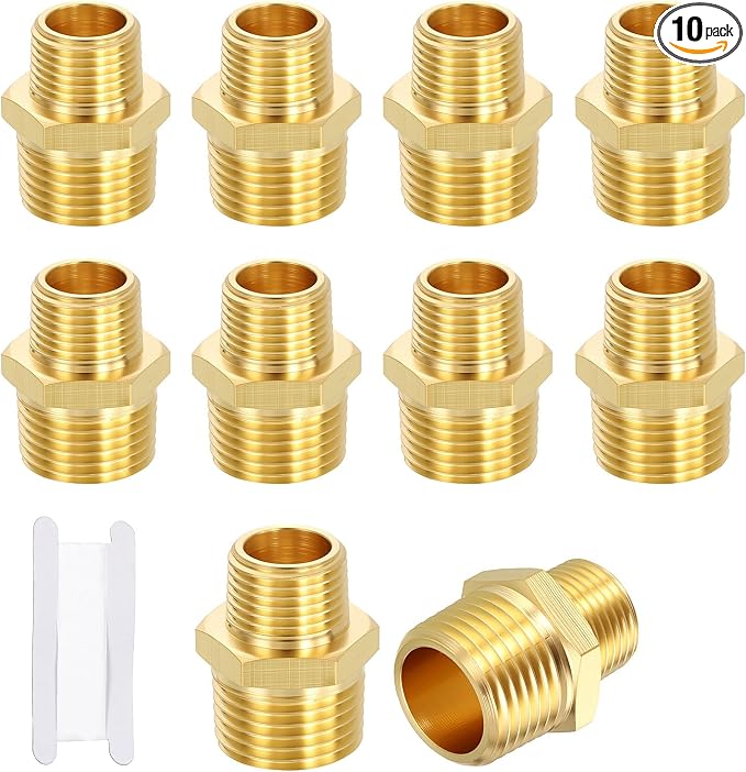 10 Pack Brass Pipe Fittings, 1/2" Male NPT to 3/8" Male NPT | Brass Hex Nipple W/ Sealing Tape, Male Pipe Adapter Reducer for Air, Oil, LP