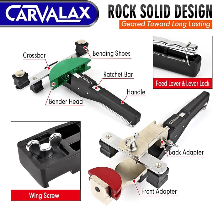 CARVALAX Pipe Tube Bender Set, Reverse Adapters, for 1/4” to 7/8” O.D | 90° ratcheting tubing bender kit, with 7 multi-color aluminum heads for HVAC, air condition and heating repair