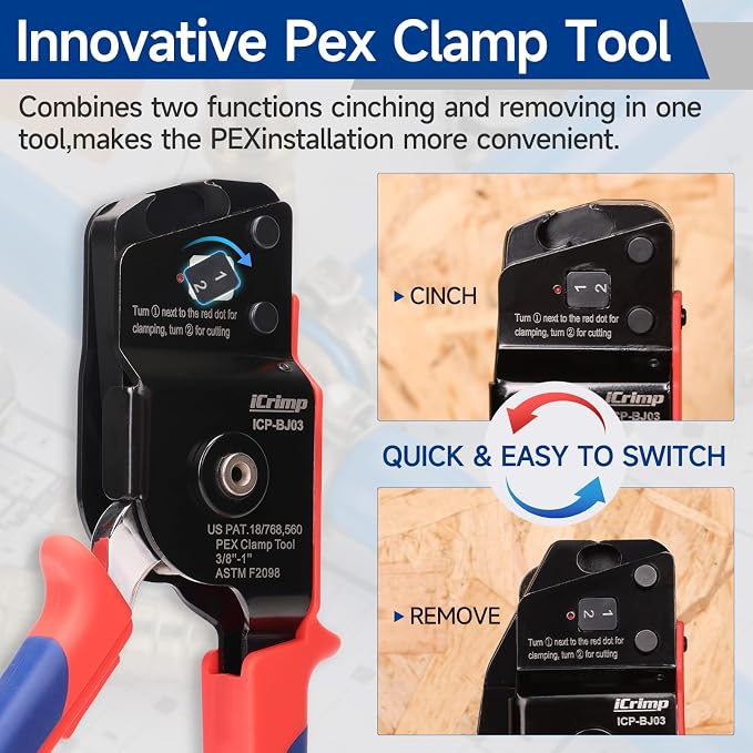 iCrimp BJ03 PEX Cinch & Removal Tool Kit for 3/8"–1" Stainless Steel Clamps | One hand ratchet auto-release design, kit includes 20pcs 1/2", 10pcs 3/4" PEX clamps and pipe cutter
