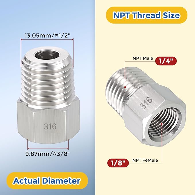 5 Pack SUS316 1/4" Male NPT to 1/8" FeMale NPT Hex Bushing Reducer | 316 Stainless Steel Pipe Fittings, Hose Tube Threaded Adapters with Sealing Tape for Air, Oil, LP, Gas, Fuel, Water