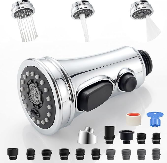 Universal Kitchen Faucet Head Replacement 3-Mode, Extra 15 Adapters, Chrome