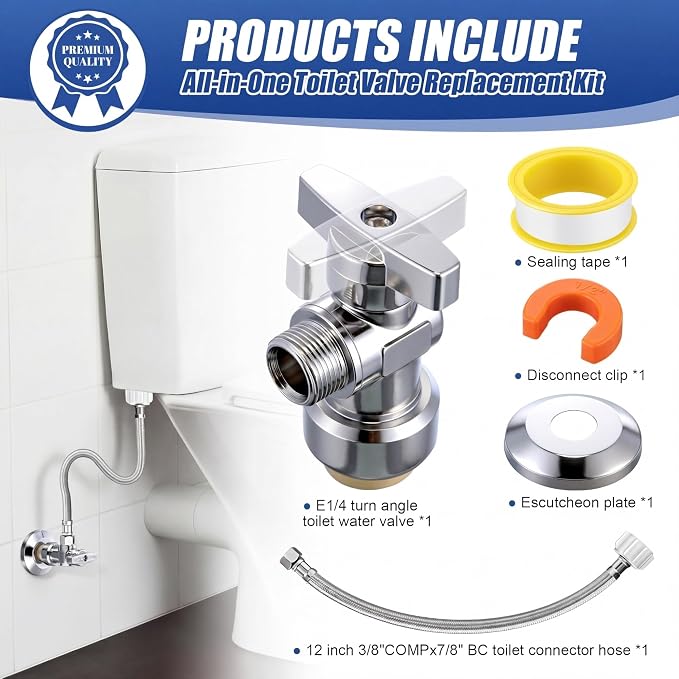 Toilet Shut Off Valve 1/2" PTC x 3/8" OD Compression 12" Supply Line kit | Complete Toilet Connector Water Line Kit with 12'' L 3/8" COMP x 7/8" OD Toilet Supply Line,Escutcheon Plate,Disconnect Clip