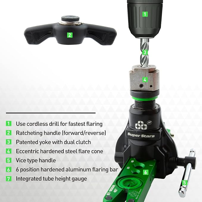 Super Stars Cordless Drill Type Flaring Tool Kit 1/4"-3/4" Single Flare Tool 45° Eccentric HVAC Air Condition Refrigeration Tool