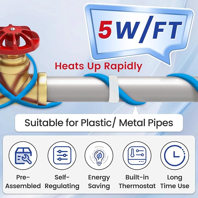 MAXKOSKO 24ft Self Regulating Heat Tape for Water Pipes Heating Cable | Heat Trace Cable with Thermostat Keeps Water Flowing at -40°F, Freeze Protection for Metal & Plastic Pipes,120V 5W/ft