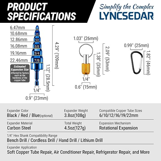 6-in-1 Copper Swaging Tool HVAC, Blue Soft Tube Expander, Carbon Steel, Bit Holder, No.5 Carabiner, Swage Tool Set for Electric Drill, Swedge Repair Kit for 1/4 3/8 1/2 5/8 3/4 7/8 Pipe