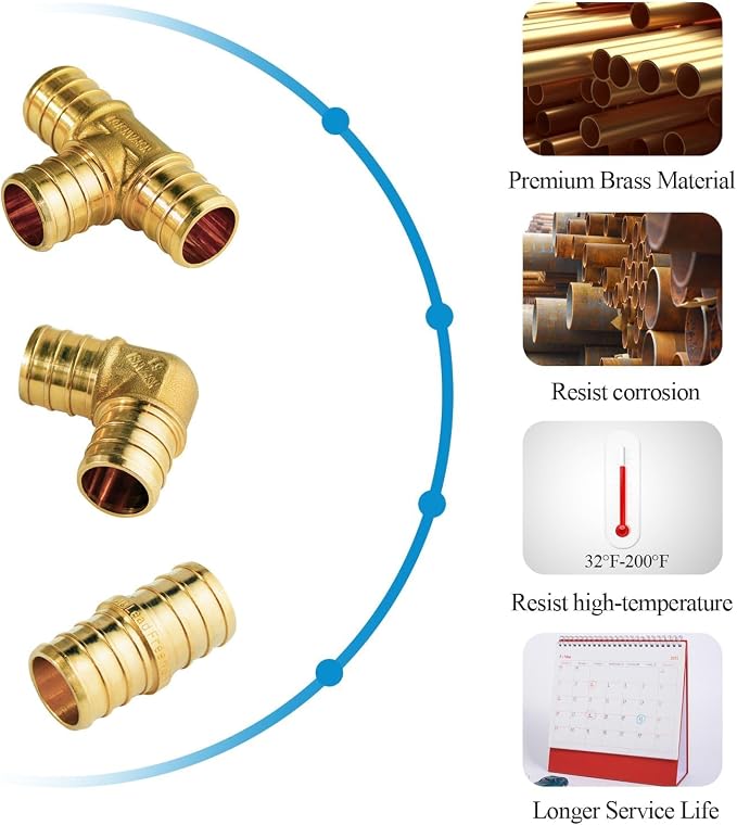 WiseWater 60 Pcs Pex Fittings, 3/4 inch T PEX Tee(20PCS) & 90 Degree Elbow & Straight Coupling, Brass Barb Crimp Pipe Fitting for Pex Pipe(Pack of 60), UPC Certified