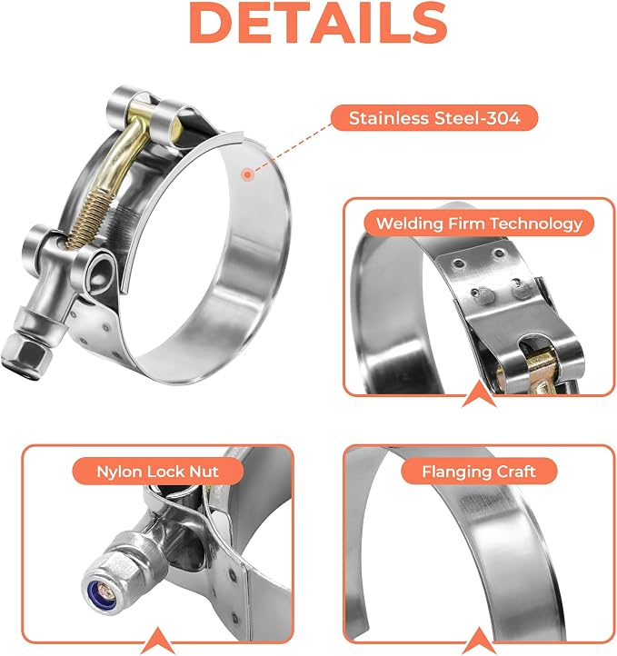 2 Pack 2" T-Bolt Hose Clamps, 304 Stainless Steel Turbo Intake Clamp, Working Range 2.20"-2.52"(56mm-64mm) for 2" I.D. Hose with 5mm Wall Thickness.(Suggest measure hose O.D. before buying)