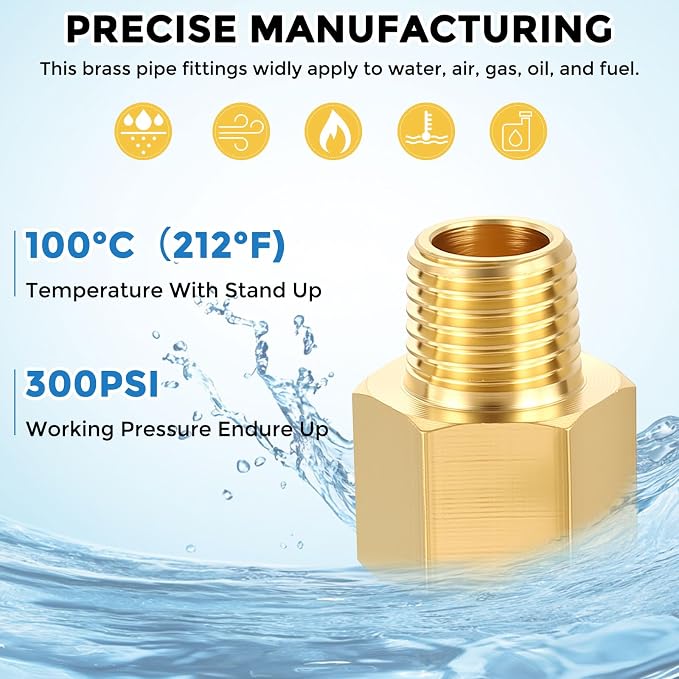 Pack of 2,3/8" NPT FeMale to 1/4" NPT Male Solid Brass Pipe Fittings | Thread Adapter W/ Sealing Tape, Brass Pipe Extension Connectors for Bathroom Remodeling, Tool Extensions