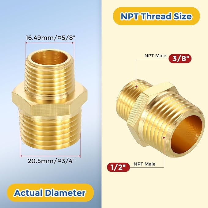 10 Pack Brass Pipe Fittings, 1/2" Male NPT to 3/8" Male NPT | Brass Hex Nipple W/ Sealing Tape, Male Pipe Adapter Reducer for Air, Oil, LP