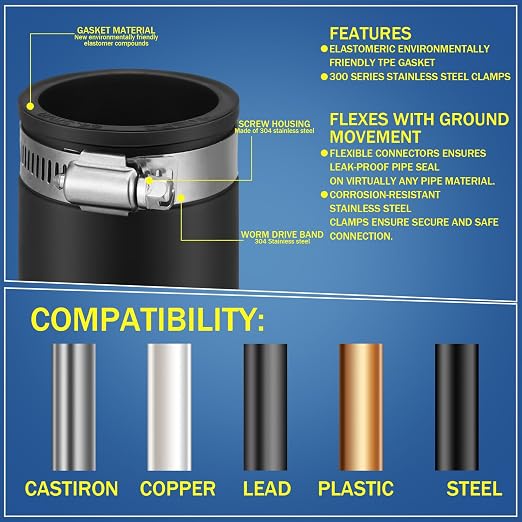 Pangda 2 Pcs Flexible TPE Coupling with Stainless Steel Clamps 1 Inch | Flexible TPE Coupling, Fits Plastic and Copper Plumbing Connections, High Temperature Resistant Material