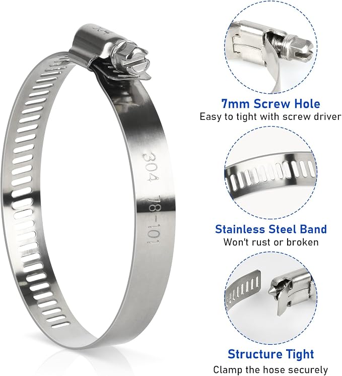 4 Inch Hose Clamp, 10 Pack Stainless Steel Hose Clamps for 3 1/2 Inch to 4 1/2 Inch Hose Pipe Adjustable Large Worm Gear Hose Clamp Assortment Kit for Automotive Plumbing Mechanical Dryer Vent