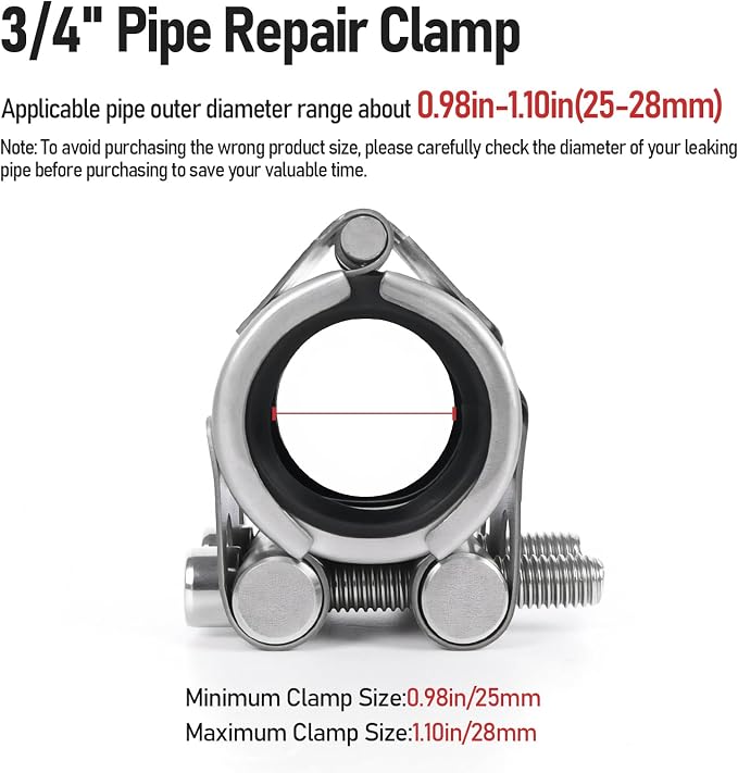 Upgraded Pipe Repair Clamp with M1 Self-Adhesive Leak-Sealing Tape | 304 Stainless Steel Rust-Proof Emergency Pipe Repair Kit for Plastic & Metal Pipes, 3/4"(25-28mm)