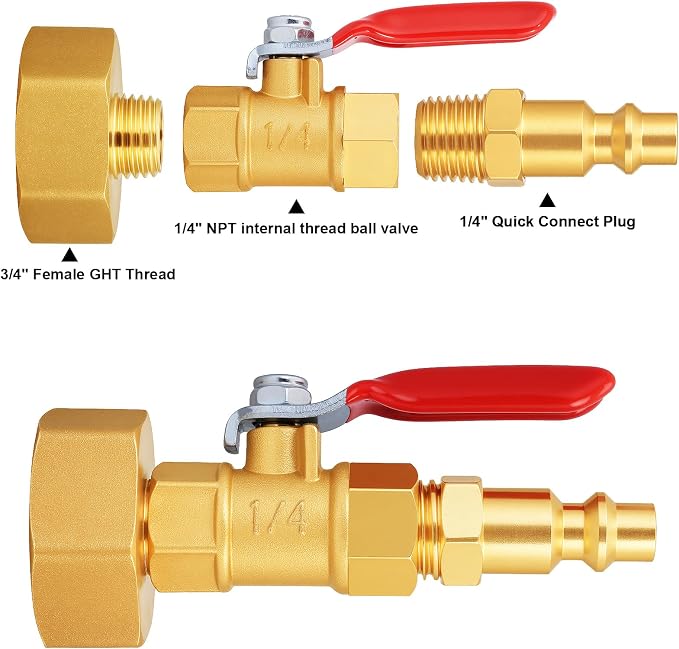 SIGURANTA RV Winterize/Winterization Blowout Adapter - Brass with Ball Valve, 1/4" Male Quick Connect to 3/4" Female GHT Garden Hose Thread