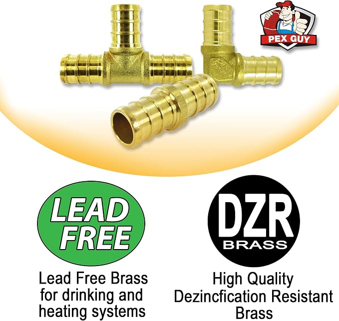 (30 pieces) 1/2" Brass PEX Fittings for 1/2 inch PEX Pipe (10 - Elbow, 10 -TEE, 10 - Coupler/Straights) Kit for Domestic Water and Radiant Heating, DZR and No-Lead Brass Crimp Cinch System PEX GUY