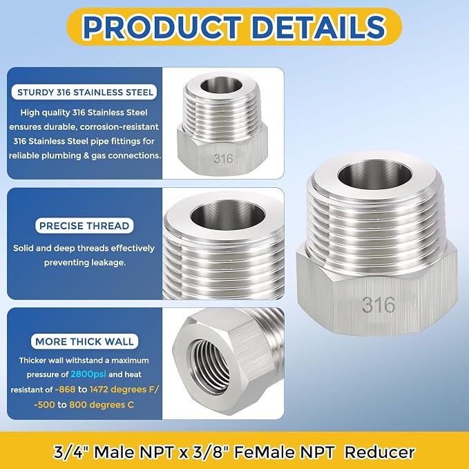 5 Pack SUS316 3/4" Male NPT to 3/8" FeMale NPT Hex Bushing Reducer | 316 Stainless Steel Pipe Fittings, Hose Tube Threaded Adapters with Sealing Tape for Air, Oil, LP, Gas, Fuel, Water