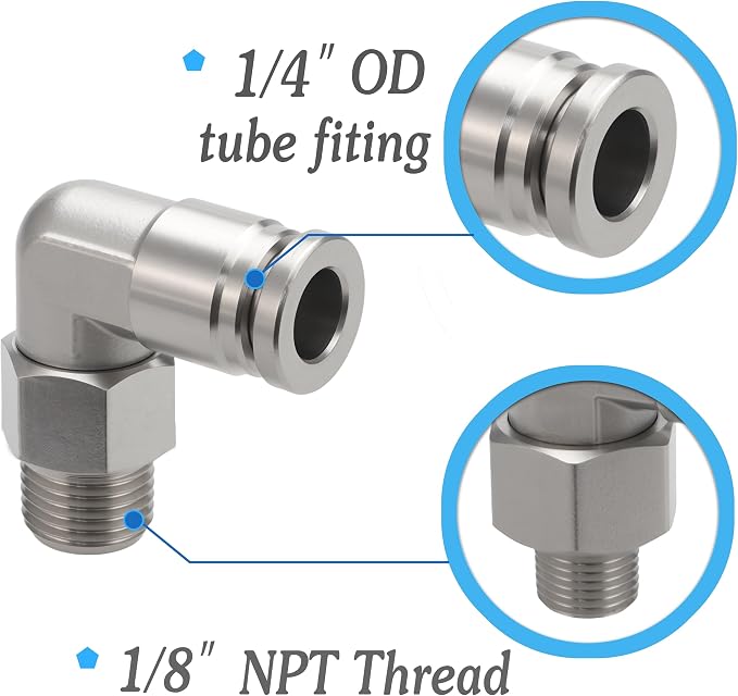 Stainless Steel Push-to-Connect Elbow, 1/4" x 1/8" NPT, 2-Pack | Stainless steel male elbow fitting includes thread seal tape; quick-connect design for pneumatic air and vacuum systems.