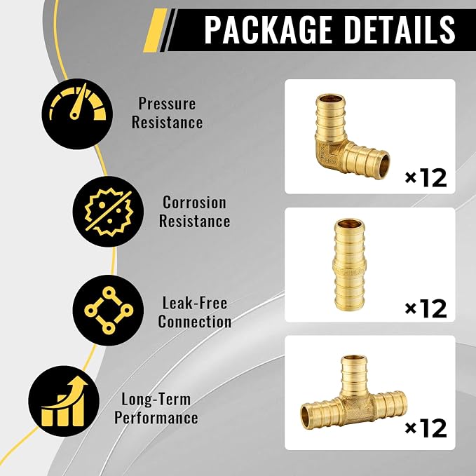 36 Pack Foskan 3/4 Inch PEX Barb Crimp Fittings Set | 12 Pieces Each:Elbow Coupling Tee,For Pex Plumbing Tubing
