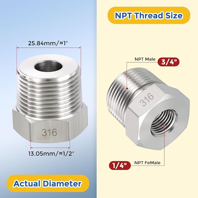 2 Pack SUS316 3/4" Male NPT to 1/4" FeMale NPT Hex Bushing Reducer | 316 Stainless Steel Pipe Fittings, Hose Tube Threaded Adapters with Sealing Tape for Air, Oil, LP, Gas, Fuel, Water