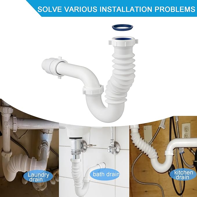 (1 Pack-White) eflyefly 1-1/2 inch P Trap Kitchen Bathroom Sink Drain Kit with Adjustable Bend Pipe