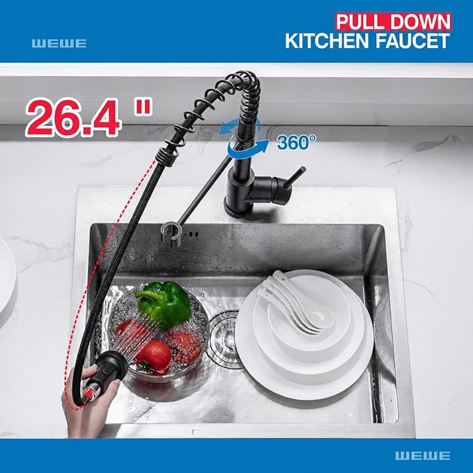 WEWE High Arc Pull-Out Kitchen Faucet, 2-Mode Sprayer, Matte Black