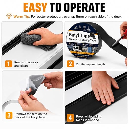 Butyl Sealant Waterproof Tape 6''×50', Black Weather-Resistant Deck Joist Tape, RV Repair Sealant Tape for RV Repair, Window, Boat Sealing, Truck Stop Camper Roof Leaks