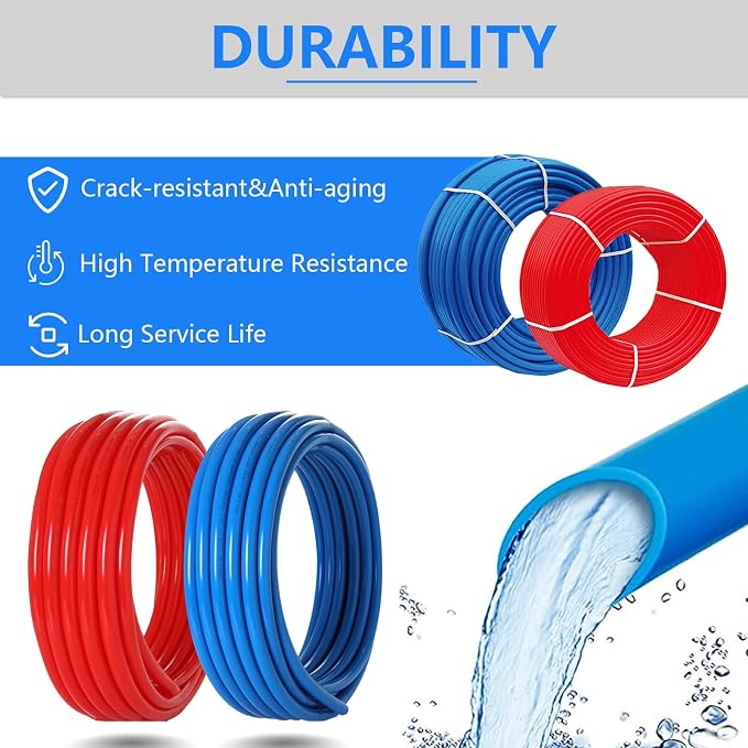 (All-in-One) GUOFIS 1/2Inch PEX-B Pipe Fitting Kit | 2 x100FT Red Blue Pipe,2-in-1 Ratchet Cinch Crimp Tool,30 Brass Fittings,100 Clamps,50 J-Hooks,Pipe Cutter