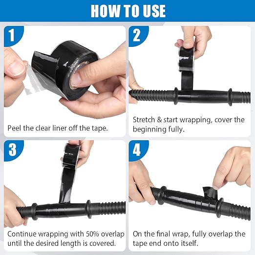 Black 12ft Self-Fusing Silicone Grip Tape | Non Slip Rubber Wrap Tape for Kayak Paddles, Pull Up Bar, Bike Handles, Gym Equipment, Fishing Rod, Tool Grips